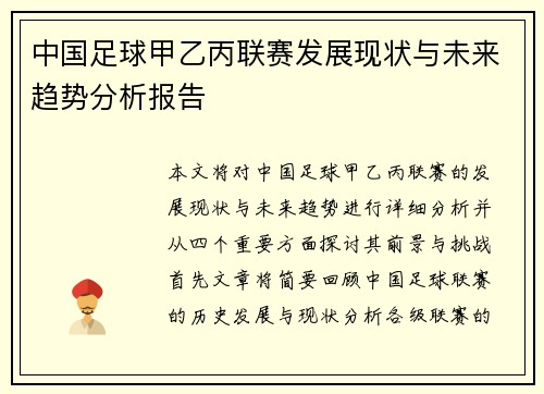 中国足球甲乙丙联赛发展现状与未来趋势分析报告