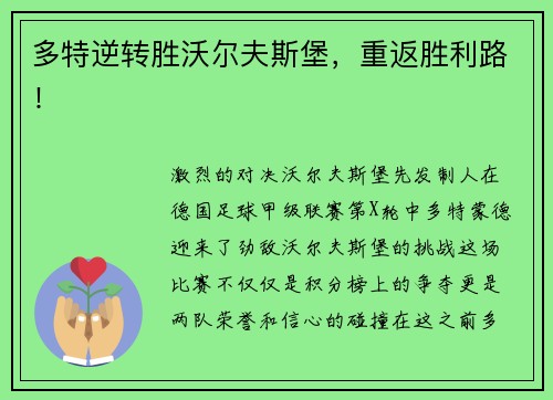 多特逆转胜沃尔夫斯堡，重返胜利路！