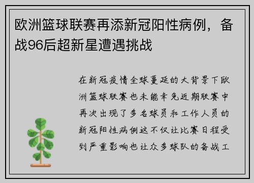 欧洲篮球联赛再添新冠阳性病例，备战96后超新星遭遇挑战